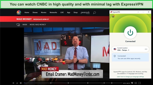 A screenshot of Mad Money's Jim Cramer streaming on CNBC website with ExpressVPN connected