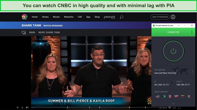 A screenshot of Shark Tank streaming on CNBC website with PIA connected