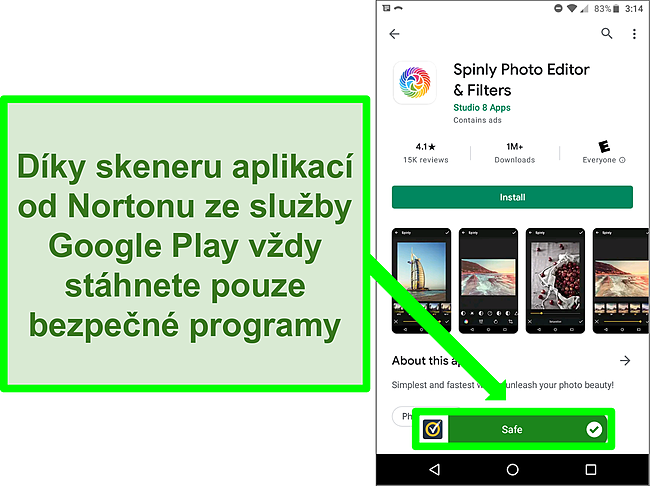 Snímek obrazovky aplikace v obchodě Google Play, která byla skenováním Norton označena jako „bezpečná“.