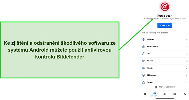 Snímek obrazovky antivirové kontroly Bitdefender Mobile Security