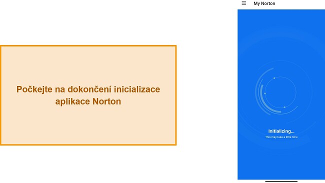 Snímek obrazovky s první inicializací Norton Mobile Security