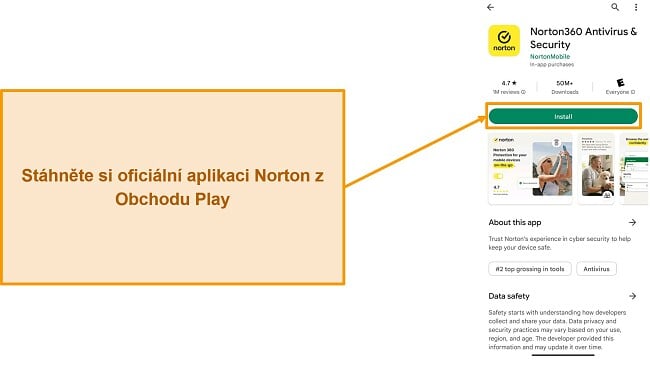 Snímek obrazovky oficiální aplikace Norton v Obchodě Google Play