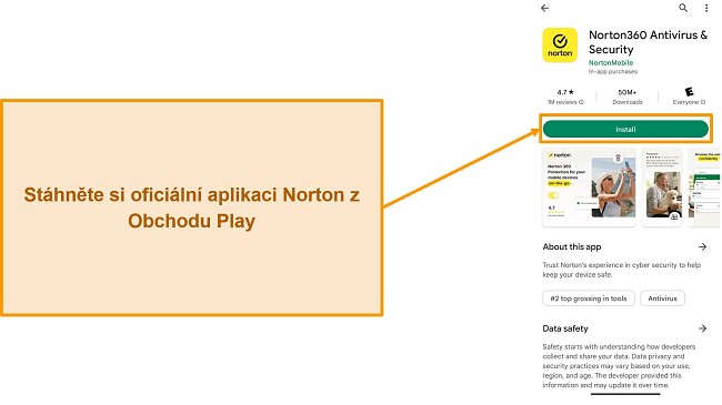 Snímek obrazovky oficiální aplikace Norton v Obchodě Google Play