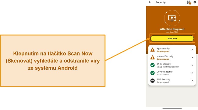 Snímek obrazovky ukazující, jak spustit kontrolu v Norton Mobile Security