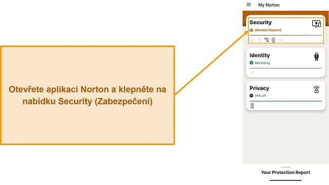 Snímek obrazovky ukazující, jak otevřít nabídku Zabezpečení v aplikaci Norton Mobile Security