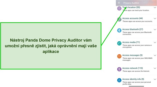 Snímek obrazovky zobrazující funkci Privacy Auditor Panda Dome