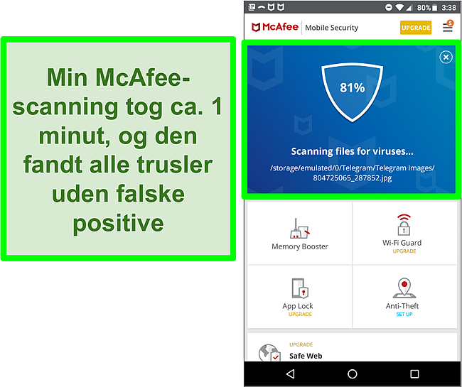 Skærmbillede af en virusscanning i gang ved hjælp af McAfee Mobile Security.