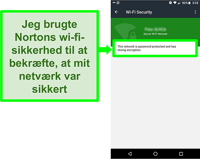 Skærmbillede af en WiFi -scanning i Norton Mobile Security, der viser et sikkert WiFi -netværk.