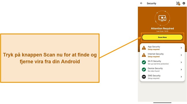 Skærmbillede, der viser, hvordan man starter en scanning i Norton Mobile Security