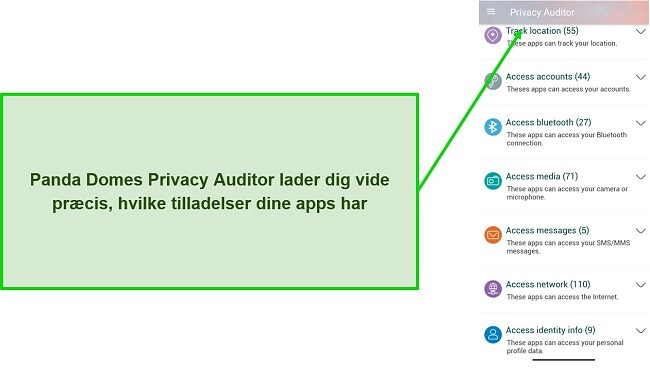 Skærmbillede, der viser Panda Domes Privacy Auditor-funktion