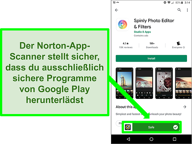 Screenshot einer App im Google Play Store, die von einem Norton-Scan als 