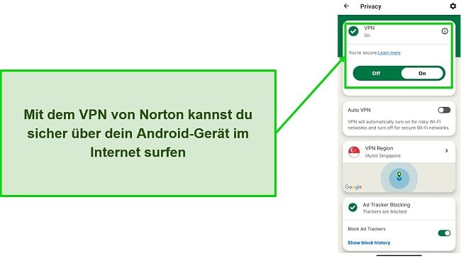 Screenshot des VPN von Norton Mobile Security bei bestehender Verbindung