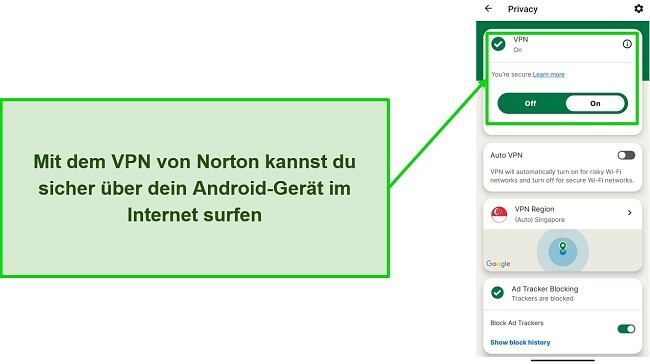 Screenshot des VPN von Norton Mobile Security bei bestehender Verbindung