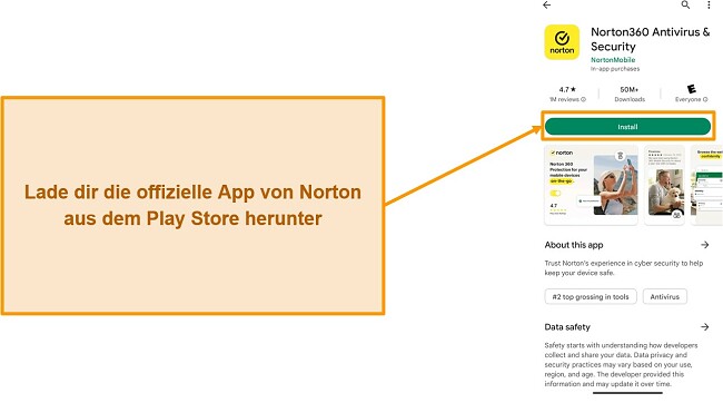 Screenshot der offiziellen App von Norton im Google Play Store