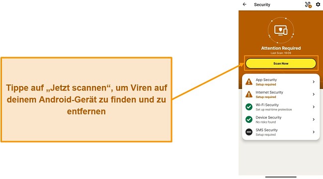 Screenshot, der zeigt, wie Sie einen Scan in Norton Mobile Security starten