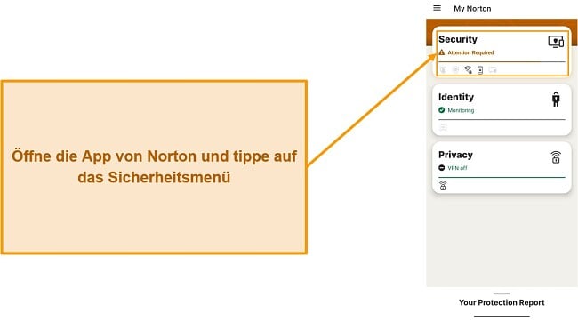 Screenshot, der zeigt, wie das Sicherheitsmenü in Norton Mobile Security geöffnet wird
