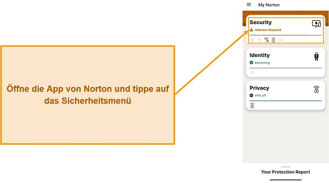 Screenshot, der zeigt, wie das Sicherheitsmenü in Norton Mobile Security geöffnet wird