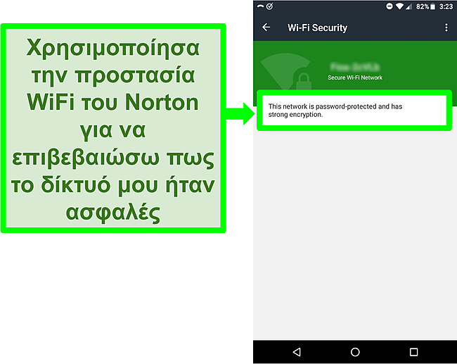 Στιγμιότυπο οθόνης μιας σάρωσης WiFi στο Norton Mobile Security που δείχνει ένα ασφαλές δίκτυο WiFi.