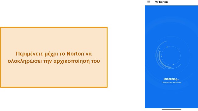 Στιγμιότυπο οθόνης της προετοιμασίας του Norton Mobile Security για πρώτη φορά