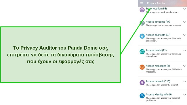 Στιγμιότυπο οθόνης που δείχνει τη δυνατότητα Privacy Auditor του Panda Dome