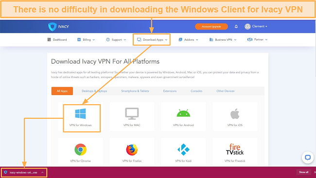 A screenshot showing the download button on Ivacy VPN website