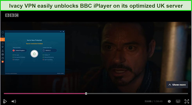 Screenshot of Ivacy VPN unblocking BBC IPlayer