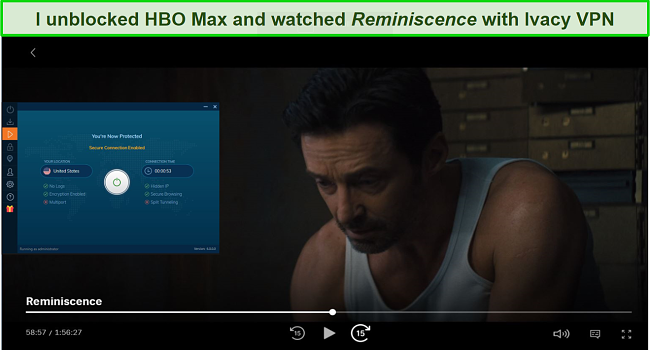 Screenshot of Ivacy VPN unblocking HBO Max