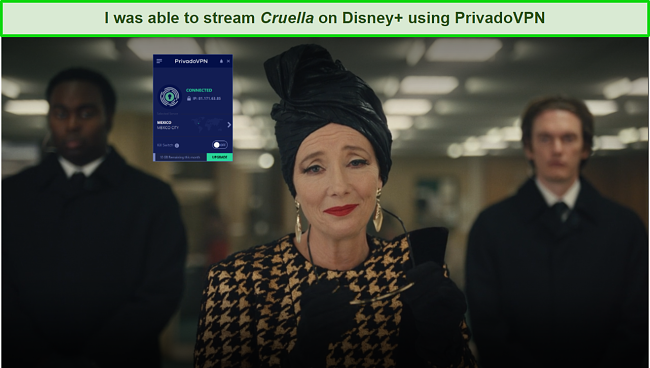 a screenshot of Cruella being streamed on Disney+ while using PrivadoVPN