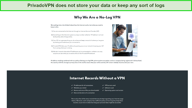 A screenshot of PrivadoVPN's no-logs policy