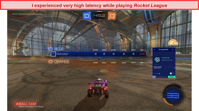a screenshot of high latency while playing Rocket League