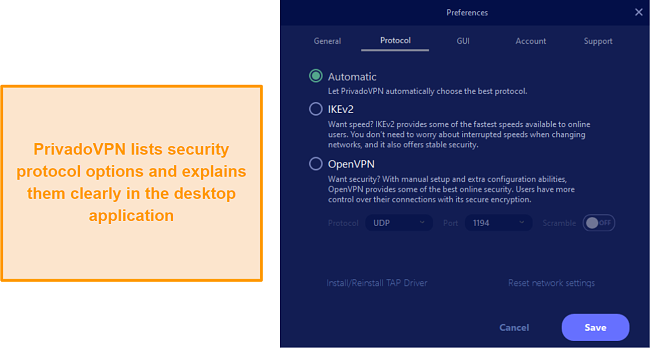 Screenshot of PrivadoVPN's protocol options