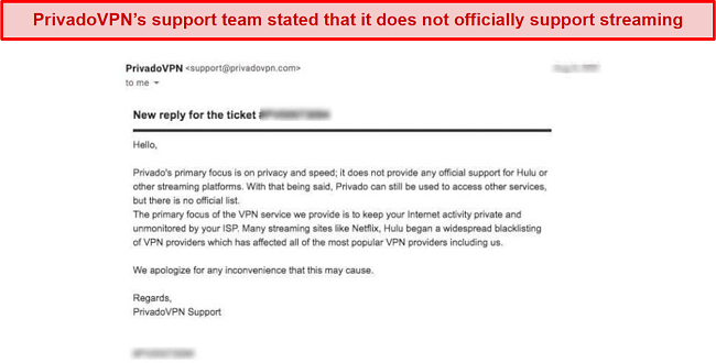 A screenshot of a support chat email from PrivadoVPN