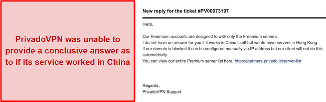 a screenshot of a support email with PrivadoVPN regarding application support in China