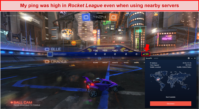 Screenshot of high ping while in Rocket League using StrongVPN