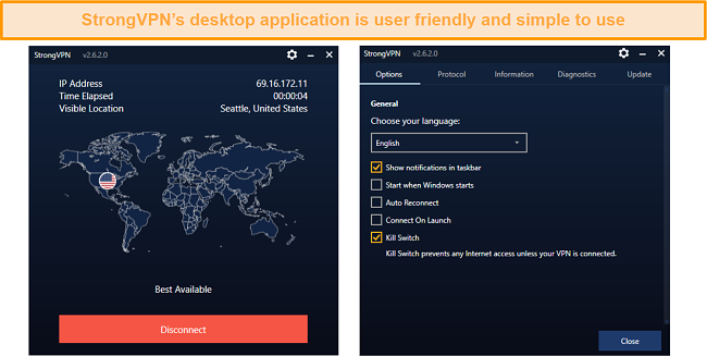 A screenshot of StrongVPN's desktop interface