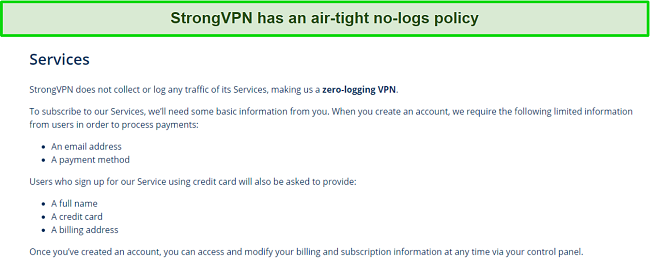A screenshot of StrongVPN's no-logs policy