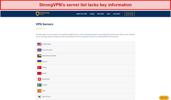 A screenshot of StrongVPN's server list