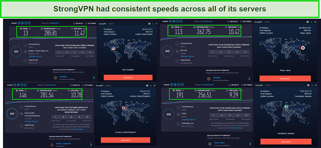 Screenshot of multiple speed tests while connected to StrongVPN