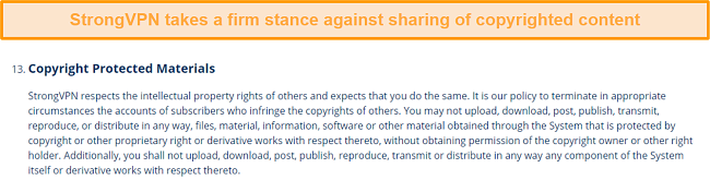 A screenshot of StrongVPN's terms of service regarding sharing copyrighted content
