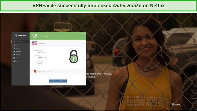 Screenshot of VPNFacile unblocking Outer Banks on Netflix