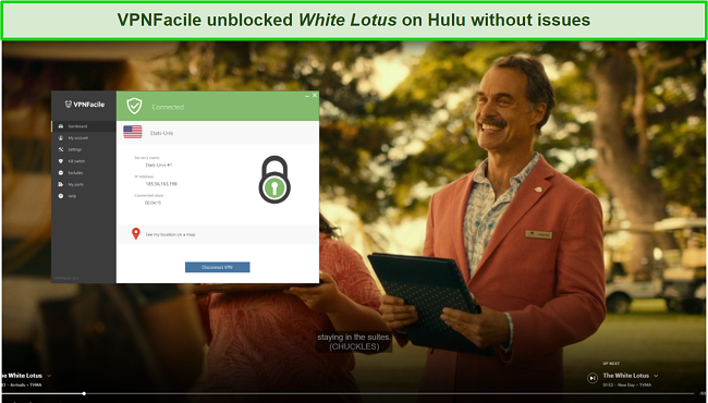Screenshot of VPNFacile unblocking White Lotus on Hulu