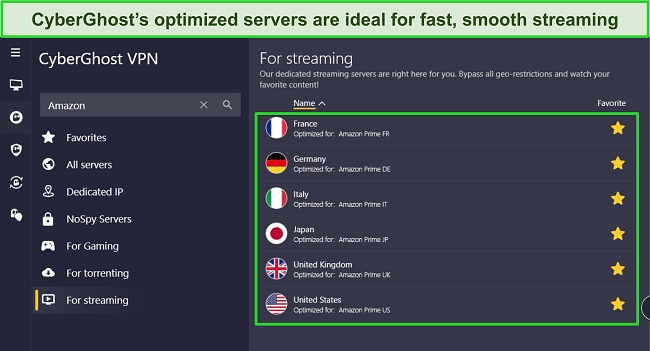 Screenshot of CyberGhost's optimized servers for Amazon Prime Video