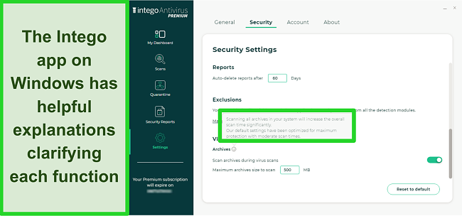 Screenshot of Intego's Security Settings menu showing an explanation of the virus archives function