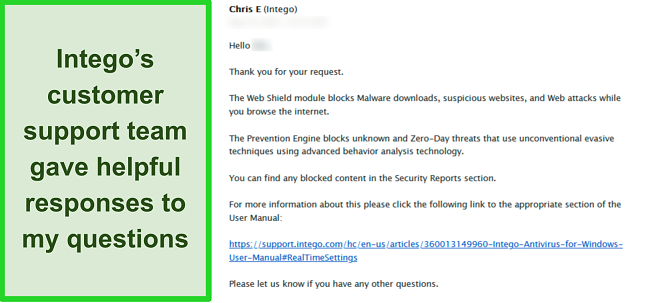 Screenshot of Intego's email support team helping with a question