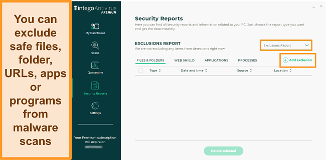 Screenshot of Intego's Security Reports screen for Exclusions, showing a button to add a new exclusion