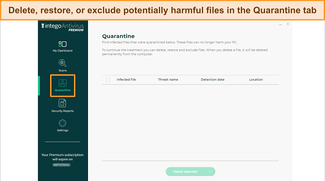 Screenshot of Intego's Quarantine tab