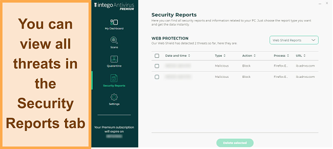  Screenshot of Intego's Security Reports tab in its Windows app showing 2 threats blocked by Web Shield