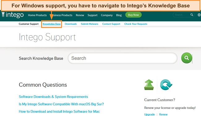 Screenshot of Intego's support page