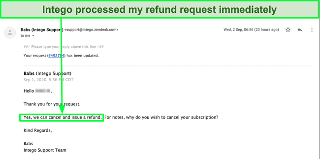 Screenshot of Intego customer support issuing a refund via email