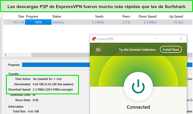 Captura de pantalla de ExpressVPN conectado durante la descarga de torrents.